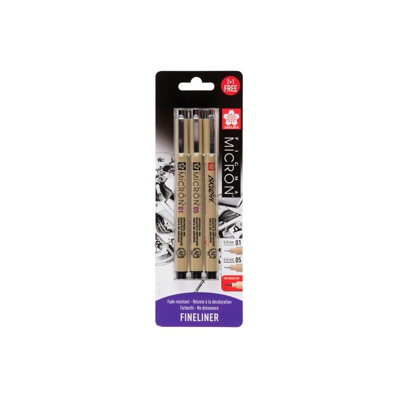 TALENS SAKURA ROTULADORES PIGMA MICRON 0,25MM/0,45MM/BRUSH NEGRO ESTUCHE 3 UD