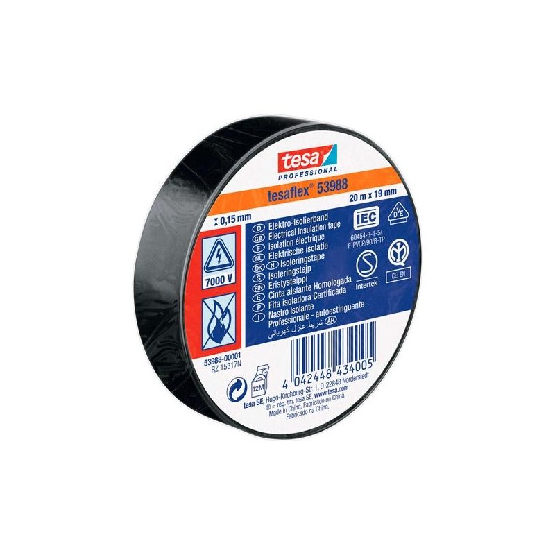 TESA CINTA AISLANTE ELÉCTRICA PROFESSIONAL 20M X 19MM NEGRO