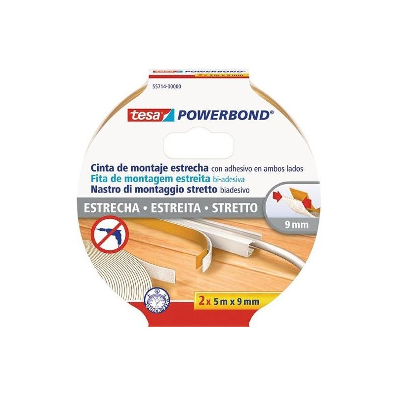 TESA CINTA ADHESIVA DE MONTAJE ESTRECHA DOBLE CARA POWERBOND 2 ROLLOS 9MM X 5M TRANSPARENTE