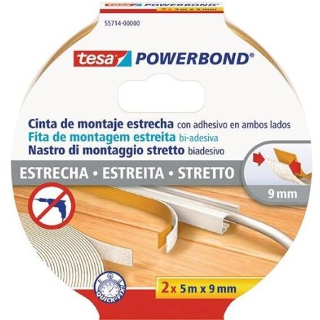 TESA CINTA ADHESIVA DE MONTAJE ESTRECHA DOBLE CARA POWERBOND 2 ROLLOS 9MM X 5M TRANSPARENTE