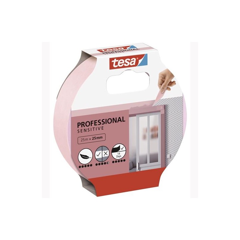 TESA CINTA ADHESIVA DE ENMASCARAR PROFESSIONAL SENSITIVE PARA PINTOR ROLLO 25MX25MM ROSA