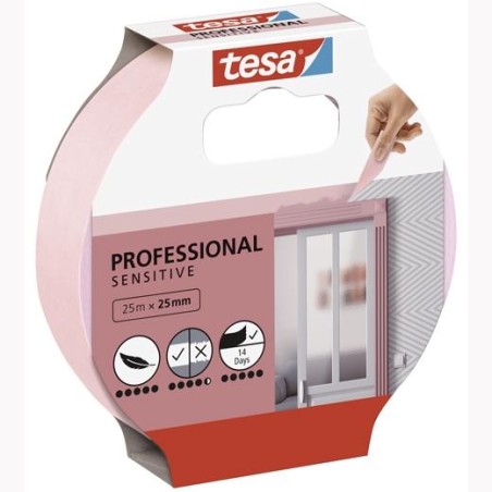 TESA CINTA ADHESIVA DE ENMASCARAR PROFESSIONAL SENSITIVE PARA PINTOR ROLLO 25MX25MM ROSA