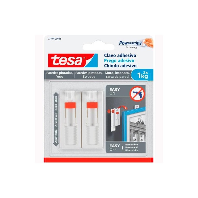 TESA PACK DE 2 CLAVO ADHESIVO AJUSTABLE HASTA 1KG PARA PARED LISA