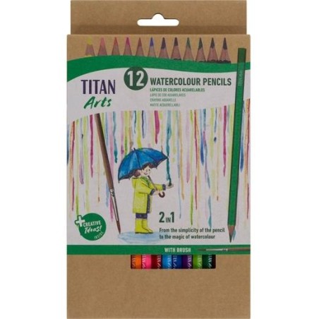 TITAN ARTS LÁPICES DE COLORES ACUARELABLES SURTIDOS ESTUCHE 12 UD + PINCEL