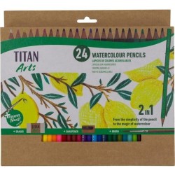 TITAN ARTS LÁPICES DE COLORES ACUARELABLES SURTIDOS ESTUCHE 24 UD + PINCEL + GOMA + SACAPUNTAS