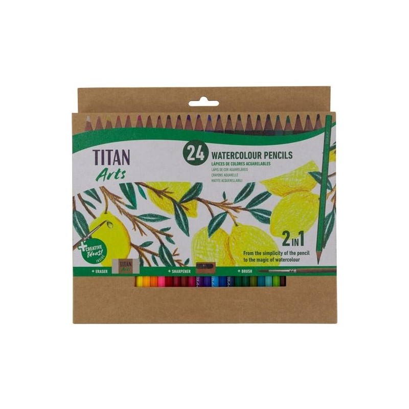 TITAN ARTS LÁPICES DE COLORES ACUARELABLES SURTIDOS ESTUCHE 24 UD + PINCEL + GOMA + SACAPUNTAS