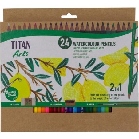 TITAN ARTS LÁPICES DE COLORES ACUARELABLES SURTIDOS ESTUCHE 24 UD + PINCEL + GOMA + SACAPUNTAS