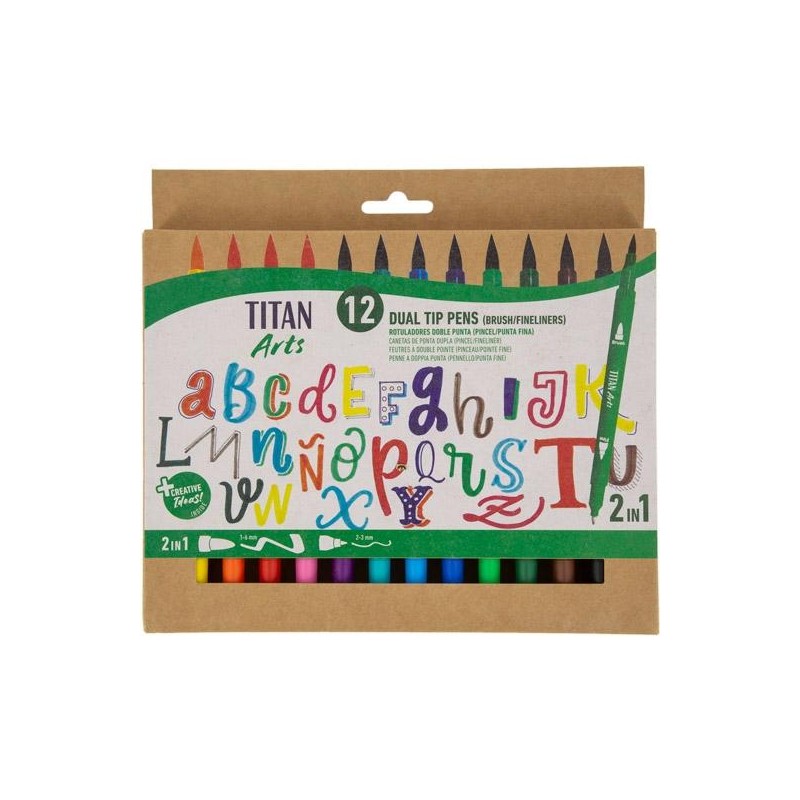 TITAN ARTS ROTULADORES DOBLE PUNTA FINA/PINCEL COLORES SURTIDOS ESTUCHE 12 UD