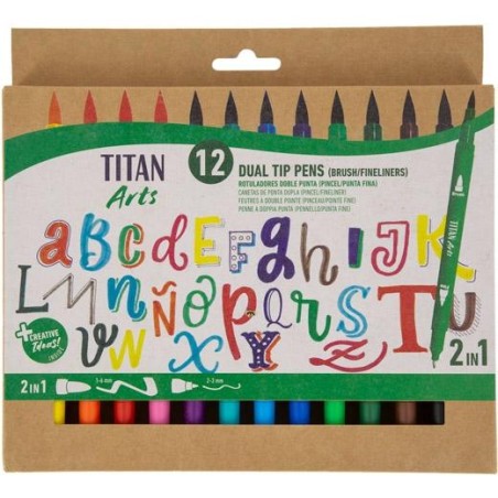 TITAN ARTS ROTULADORES DOBLE PUNTA FINA/PINCEL COLORES SURTIDOS ESTUCHE 12 UD