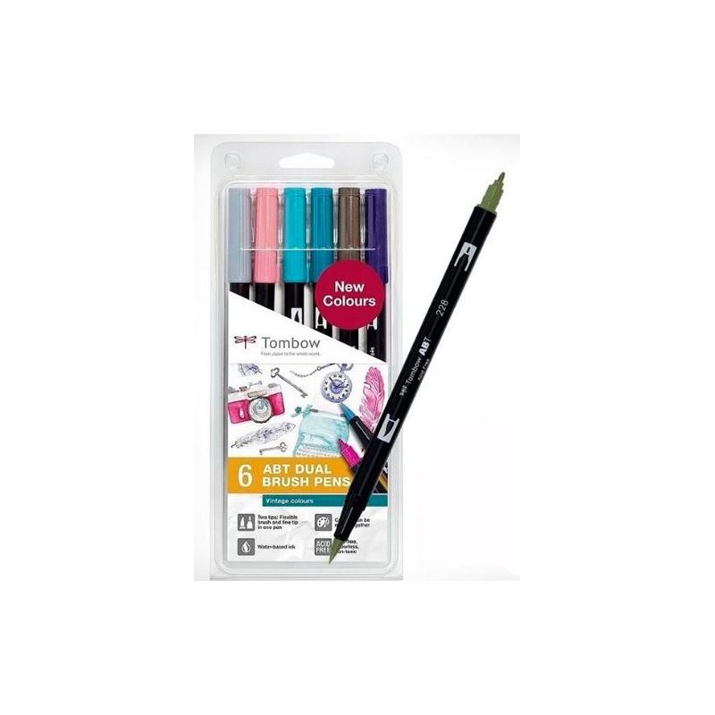 TOMBOW ABT DUAL BRUSH ROTULADORES DOBLE PUNTA FINA/PINCEL C/SURTIDOS VINTAGE ESTUCHE 6 UD