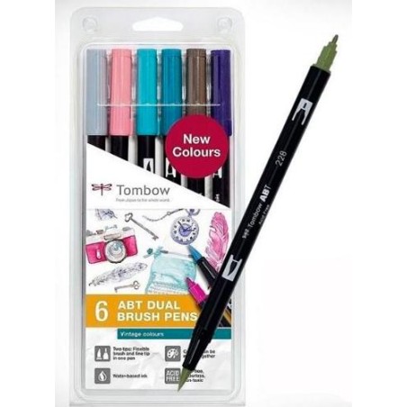 TOMBOW ABT DUAL BRUSH ROTULADORES DOBLE PUNTA FINA/PINCEL C/SURTIDOS VINTAGE ESTUCHE 6 UD