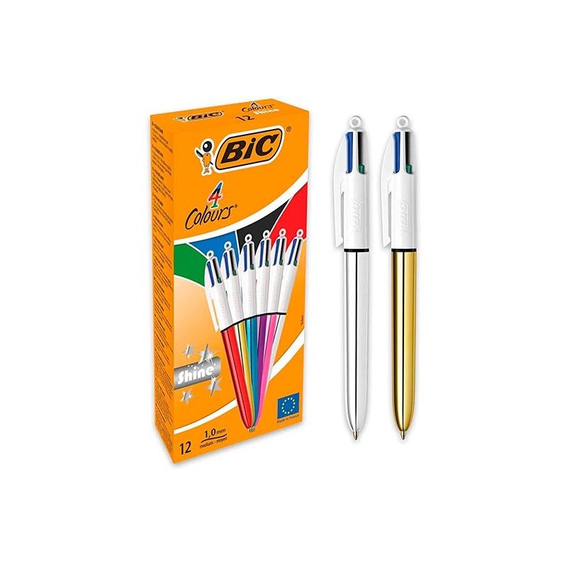 BIC BOLÍGRAFO 4 COLORES SHINE SILVER CUERPO BLANCO/SURTIDO METÁLICO CAJA 12 UD