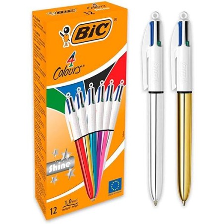 BIC BOLÍGRAFO 4 COLORES SHINE SILVER CUERPO BLANCO/SURTIDO METÁLICO CAJA 12 UD