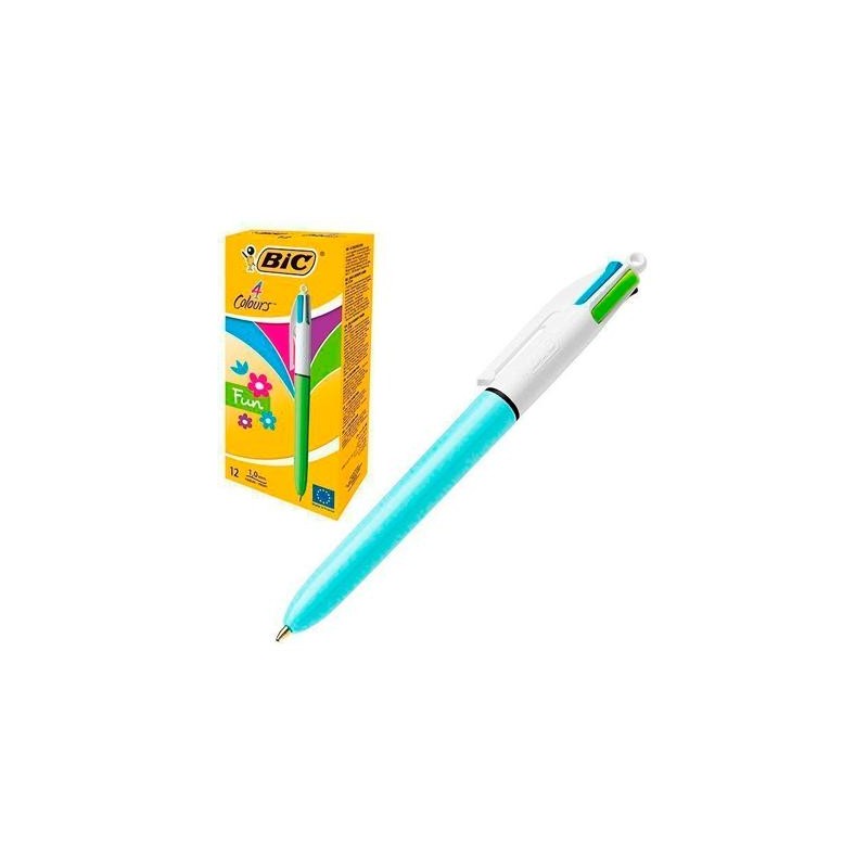 BIC BOLÍGRAFO 4 COLORES FUN PASTEL CUERPO BLANCO/AZUL CAJA 12 UD