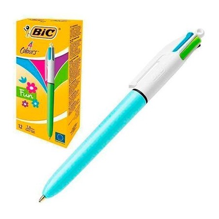 BIC BOLÍGRAFO 4 COLORES FUN PASTEL CUERPO BLANCO/AZUL CAJA 12 UD