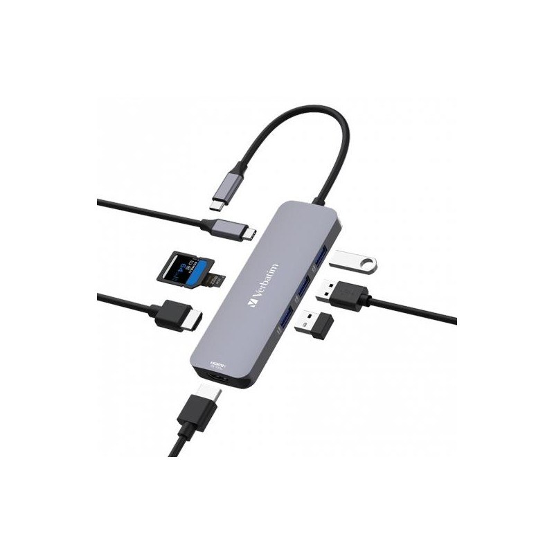 VERBATIM HUB PRO USB-C A 3XUSB 3.2 /2XHDMI /1XUSB-C PW/1XSD/1XMICROSD PLATA