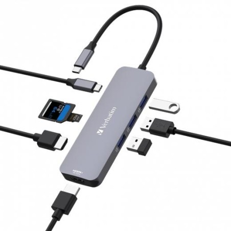 VERBATIM HUB PRO USB-C A 3XUSB 3.2 /2XHDMI /1XUSB-C PW/1XSD/1XMICROSD PLATA