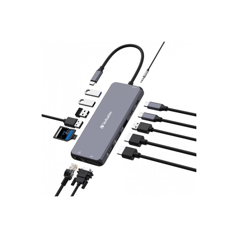 VERBATIM HUB PRO USB-C A 2XHDMI/1XVGA/1XRJ45/3XUSB-A 3.2/1XUSB-C 3.2/2XUSB-A 2.0/11XSD/1XMICROSD,1X JACK 3.5/1XUSB-C PD PLATA