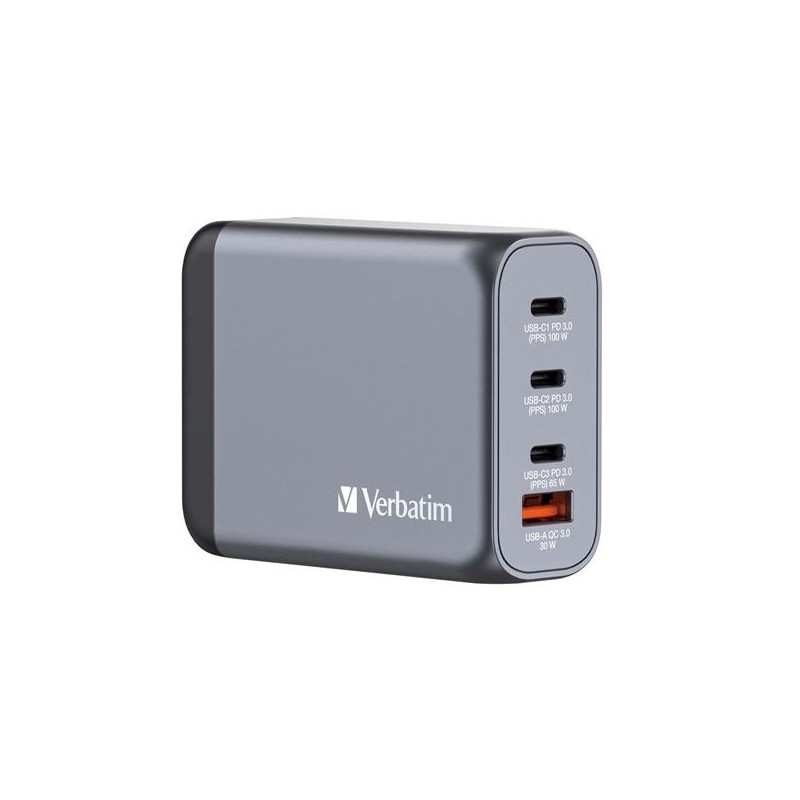 VERBATIM GNC-100 CARGADOR PARED GAN 100W USB-A 3.0 Y 3XUSB-C 3.0