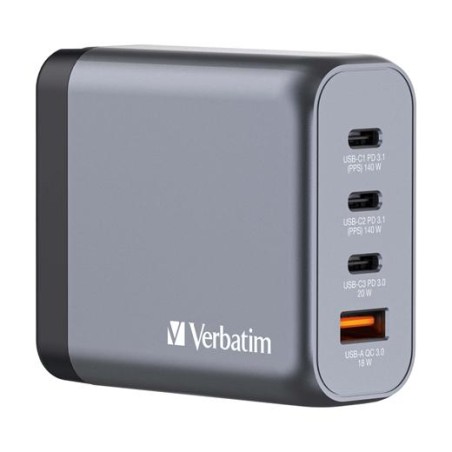 VERBATIM GNC-140 CARGADOR PARED GAN 140W USB-A 3.0 Y 3XUSB-C 3.0