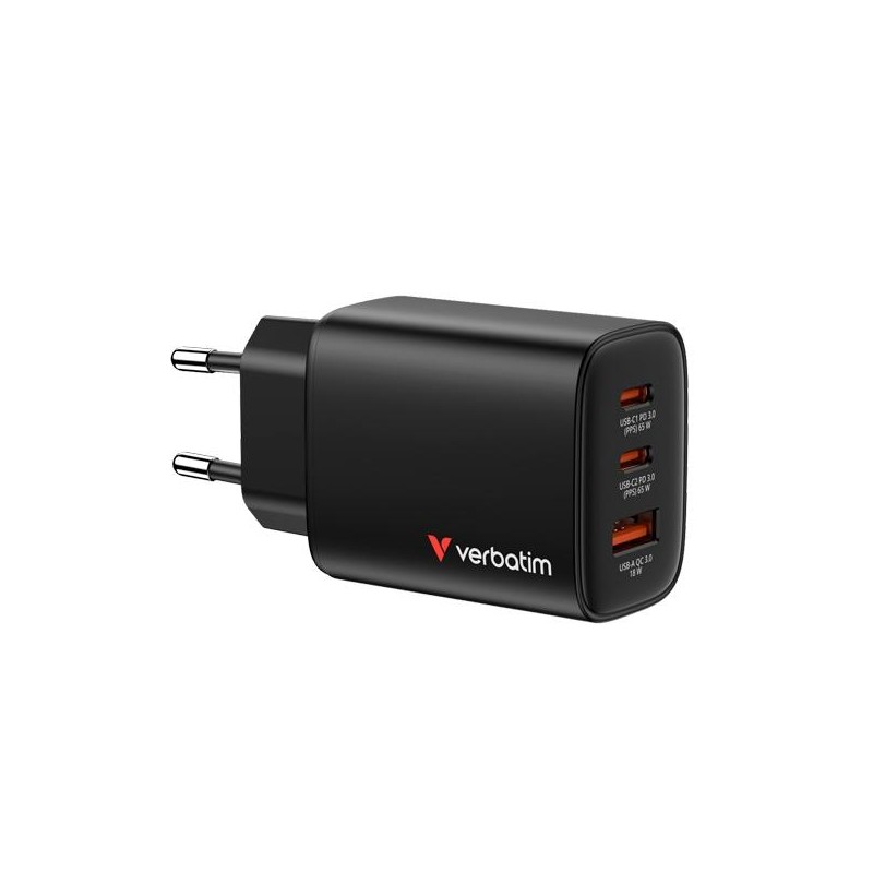 VERBATIM CARGADOR PARED GAN ESSENTIALS 65W 2XUSB-C 3.0 Y 1XUSB-A NEGRO