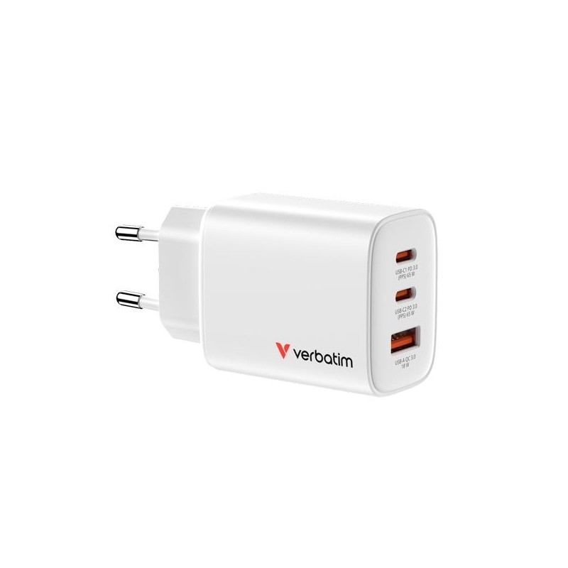 VERBATIM CARGADOR PARED GAN ESSENTIALS 65W 2XUSB-C 3.0 Y 1XUSB-A BLANCO
