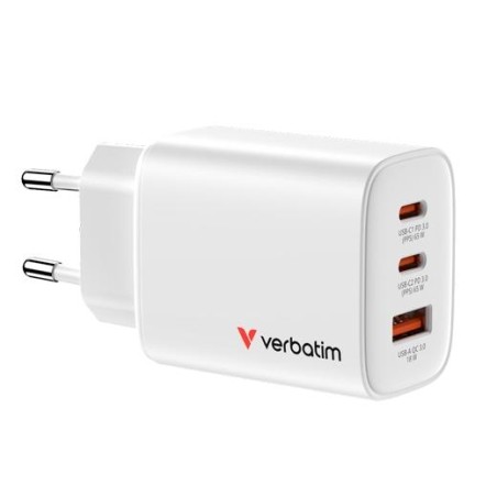 VERBATIM CARGADOR PARED GAN ESSENTIALS 65W 2XUSB-C 3.0 Y 1XUSB-A BLANCO
