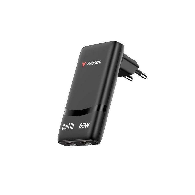 VERBATIM CARGADOR PARED GAN FOLD 'N' GO 65W 2XUSB-C 3.0 NEGRO