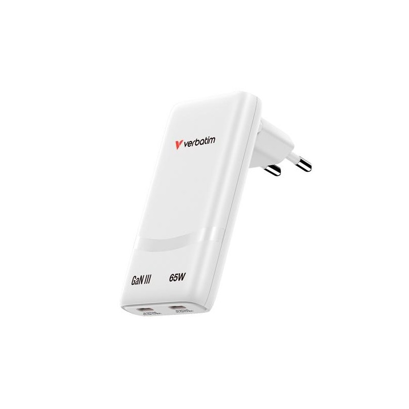VERBATIM CARGADOR PARED GAN FOLD 'N' GO 65W 2XUSB-C 3.0 BLANCO