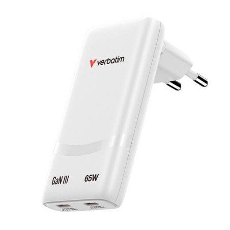 VERBATIM CARGADOR PARED GAN FOLD 'N' GO 65W 2XUSB-C 3.0 BLANCO
