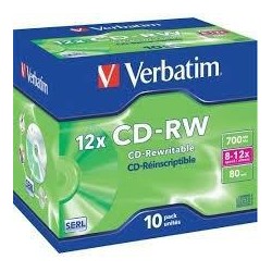 VERBATIM CD-RW, 700MB, 12X, 10 PACK JEWEL CASE, SUPERFICIE SCRATCH RESISTANT (RESISTENTE A LOS ARAÑAZOS)