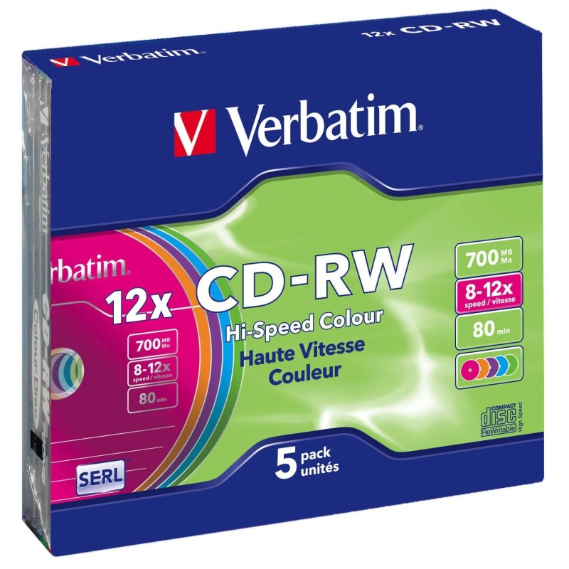 VERBATIM CD-RW, 700MB, 12X, 5 PACK SLIM CASE, COLOUR SURFACE REGRABABLE