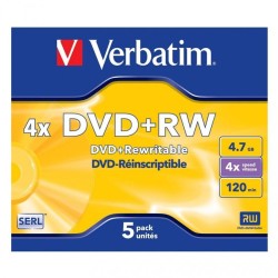 VERBATIM DVD+RW, 4.7GB, 4X, 5 PACK JEWEL CASE, SUPERFICIE MATT SILVER