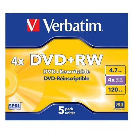 VERBATIM DVD+RW, 4.7GB, 4X, 5 PACK JEWEL CASE, SUPERFICIE MATT SILVER