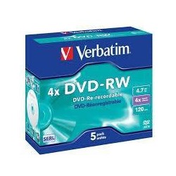 VERBATIM DVD-RW, 4.7GB, 4X, 5 PACK JEWEL CASE, SUPERFICIE MATT SILVER