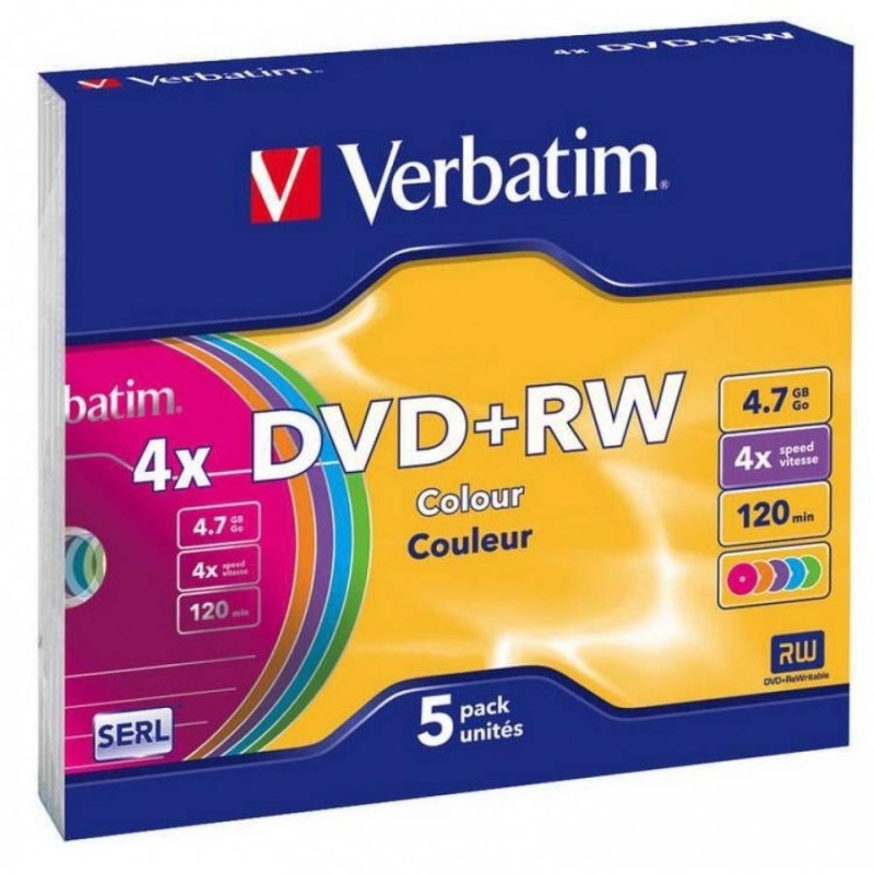 VERBATIM DVD+RW, 4.7GB, 4X, 5 PACK SLIM CASE, SUPERFICIE 5 COLORES