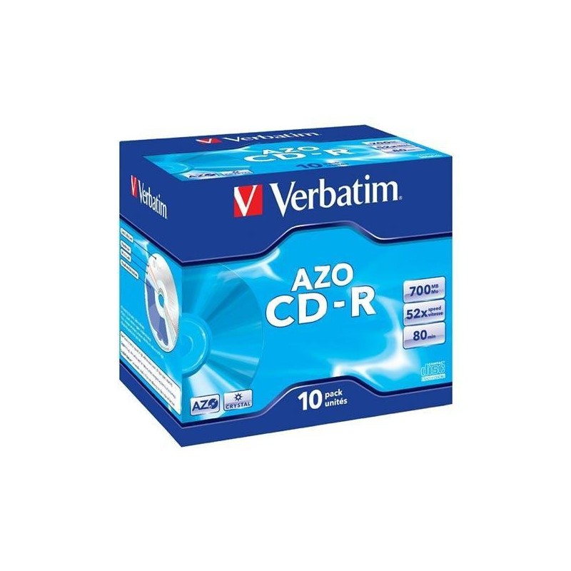 VERBATIM CD-R AZO, 700MB, 52X, 10 PACK JEWEL CASE, SUPERFICIE CRYSTAL