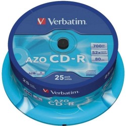 VERBATIM CD-R AZO, 700MB, 52X, 25 PACK SPINDLE, SUPERFICIE CRYSTAL