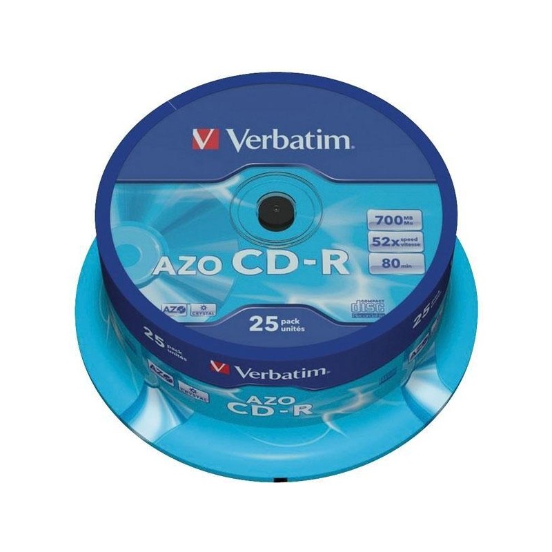 VERBATIM CD-R AZO, 700MB, 52X, 25 PACK SPINDLE, SUPERFICIE CRYSTAL