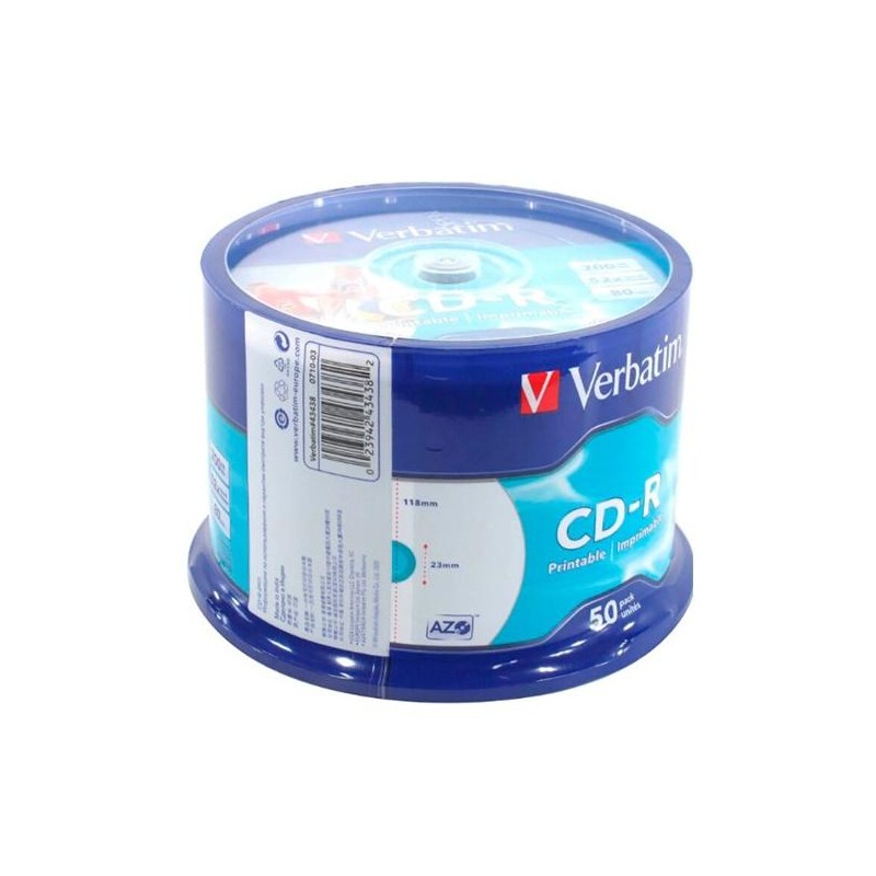 VERBATIM CD-R AZO, 700MB, 52X, 50 PACK SPINDLE, SUPERFICIE WIDE INKJET PRINTABLE (23 118MM)