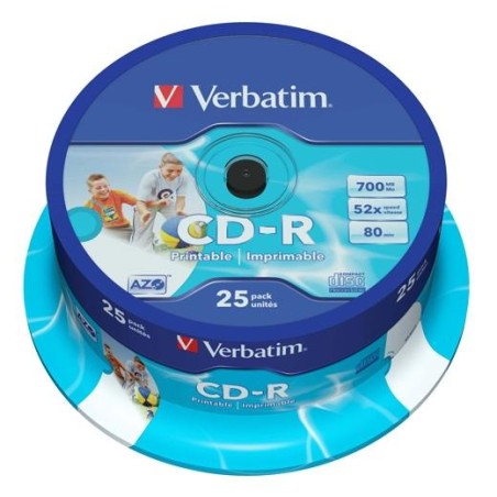 VERBATIM CD-R AZO, 700MB, 52X, 25 PACK SPINDLE, SUPERFICIE WIDE INKJET PRINTABLE (23 118MM)