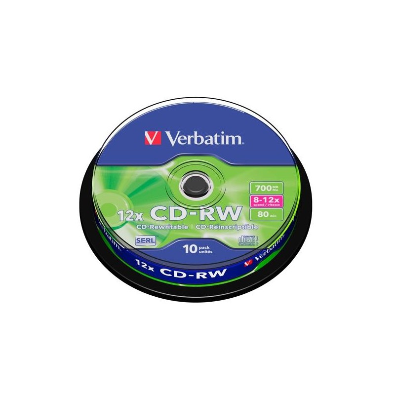 VERBATIM CD-RW, 700MB, 12X, 10 PACK SPINDLE, SUPERFICIE SCRATCH RESISTANT REGRABABLE