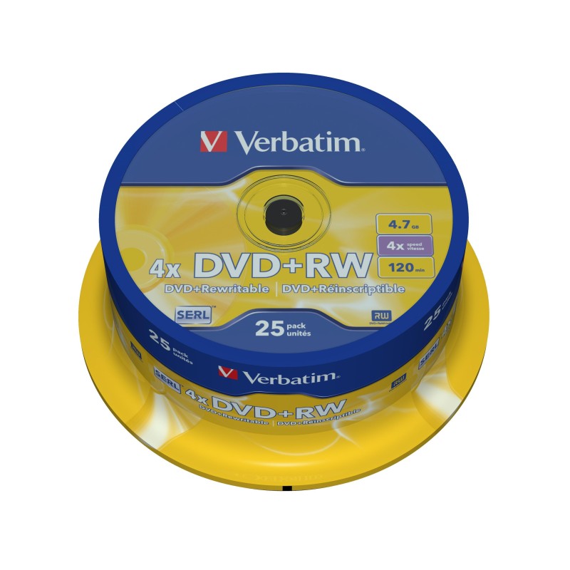 VERBATIM DVD+RW, 4.7GB, 4X, 25 PACK SPINDLE, SUPERFICIE MATT SILVER REGRABABLE