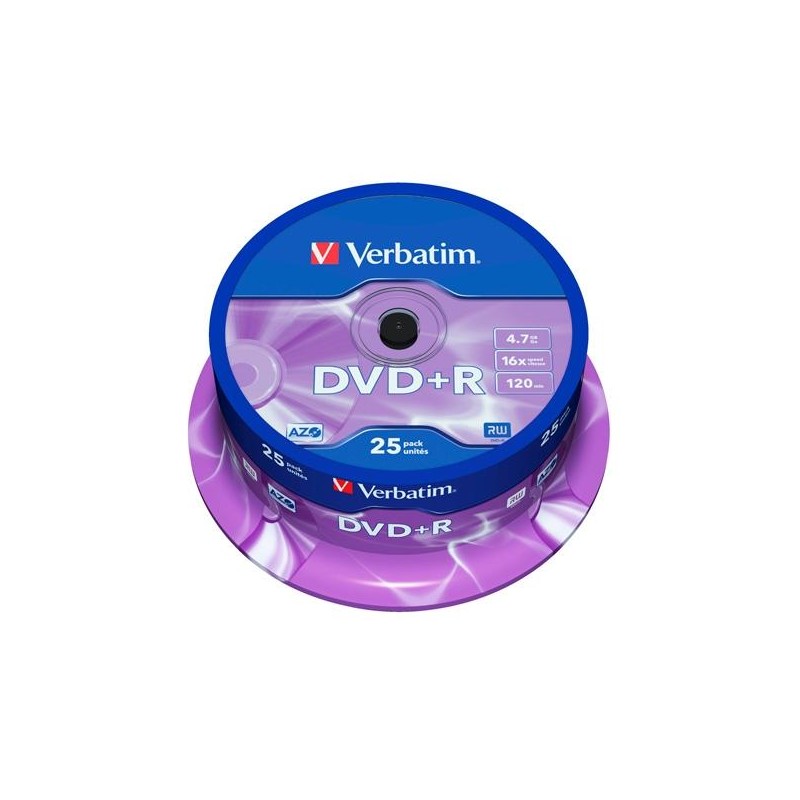 VERBATIM DVD+R, 4.7GB, 16X, 25 PACK SPINDLE, SUPERFICIE MATT SILVER