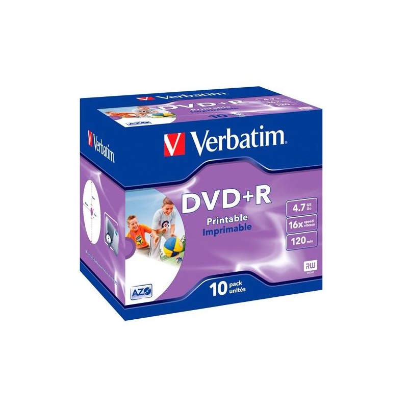 VERBATIM DVD+R, 4.7GB, 16X, 10 PACK BRANDED JEWEL CASE, SUPERFICIE WIDE INKJET PRINTABLE