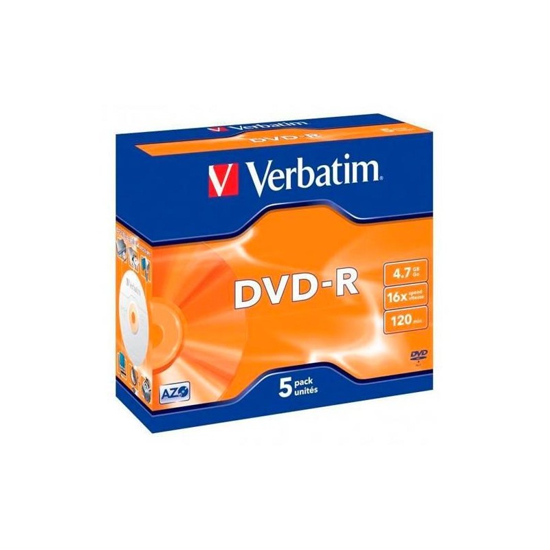 VERBATIM DVD-R, 4.7GB, 16X, 5 PACK BRANDED JEWEL CASE, SUPERFICIE MATT SILVE