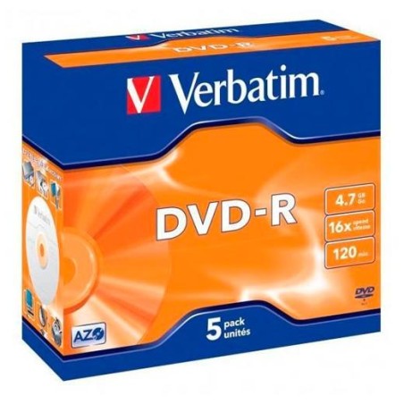 VERBATIM DVD-R, 4.7GB, 16X, 5 PACK BRANDED JEWEL CASE, SUPERFICIE MATT SILVE