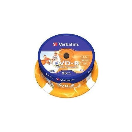 VERBATIM DVD-R, 4.7GB, 16X, 25 PACK SPINDLE, SUPERFICIE WIDE INKJET PRINTABLE (21 -118MM)