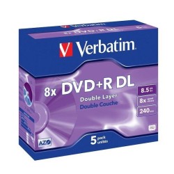 VERBATIM DVD+R DOBLE CAPA, 8.5GB, 8X, 5 PACK JEWEL CASE, SUPERFICIE MATT SILVER