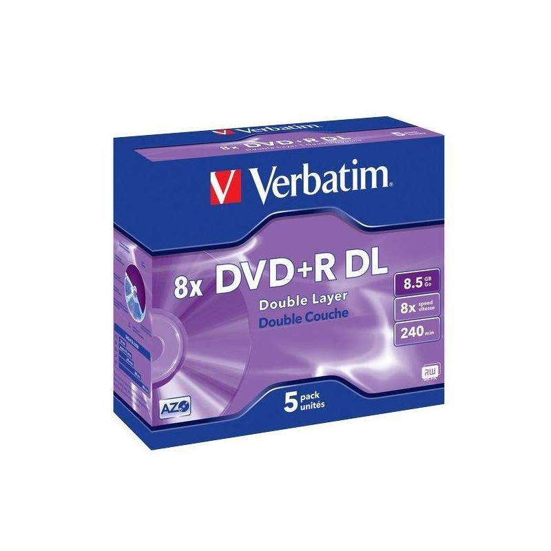 VERBATIM DVD+R DOBLE CAPA, 8.5GB, 8X, 5 PACK JEWEL CASE, SUPERFICIE MATT SILVER